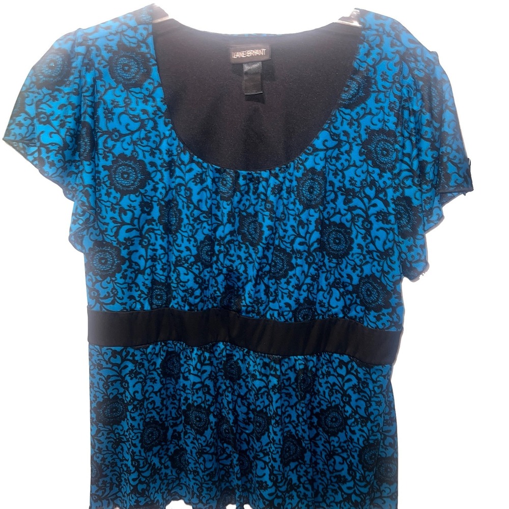 Y2K Lane Bryant Black Green Floral Swirl Lined Short Sleeve Baby Doll 22/24